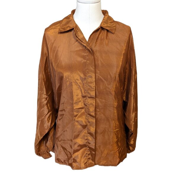 Vintage 80s Metallic Bronze Striped Blouse Button Up Satin Retro Party Fall 14 - Picture 1 of 11